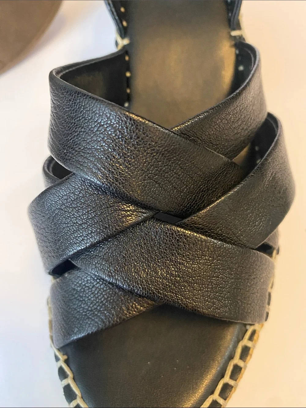 Franco Sarto Black Leather Espadrille Wedge Sandals with Ankle Strap Size 10